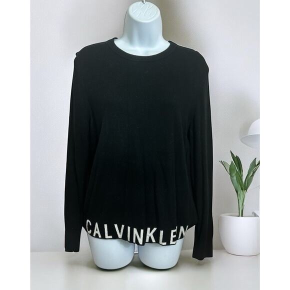 Calvin Klein Jeans Black Sweater Women's Sz M Hem Spell-Out Pullover Top - Picture 1 of 7